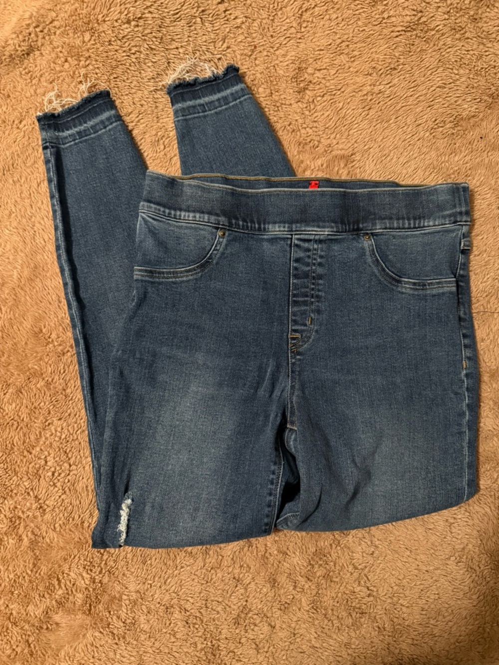 SPANX Dark Wash Stretch Jeggings with Frayed Ankles